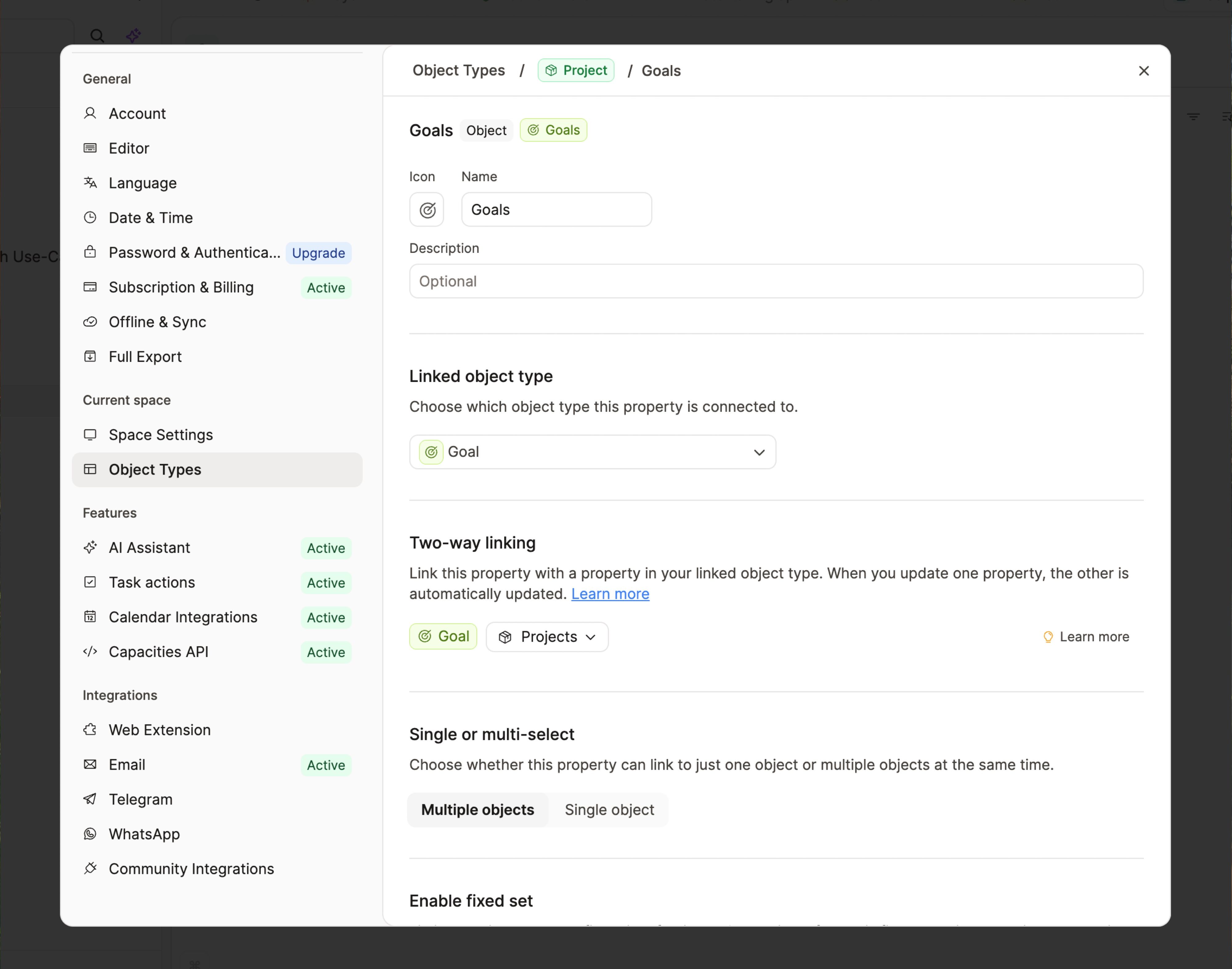 Object settings property