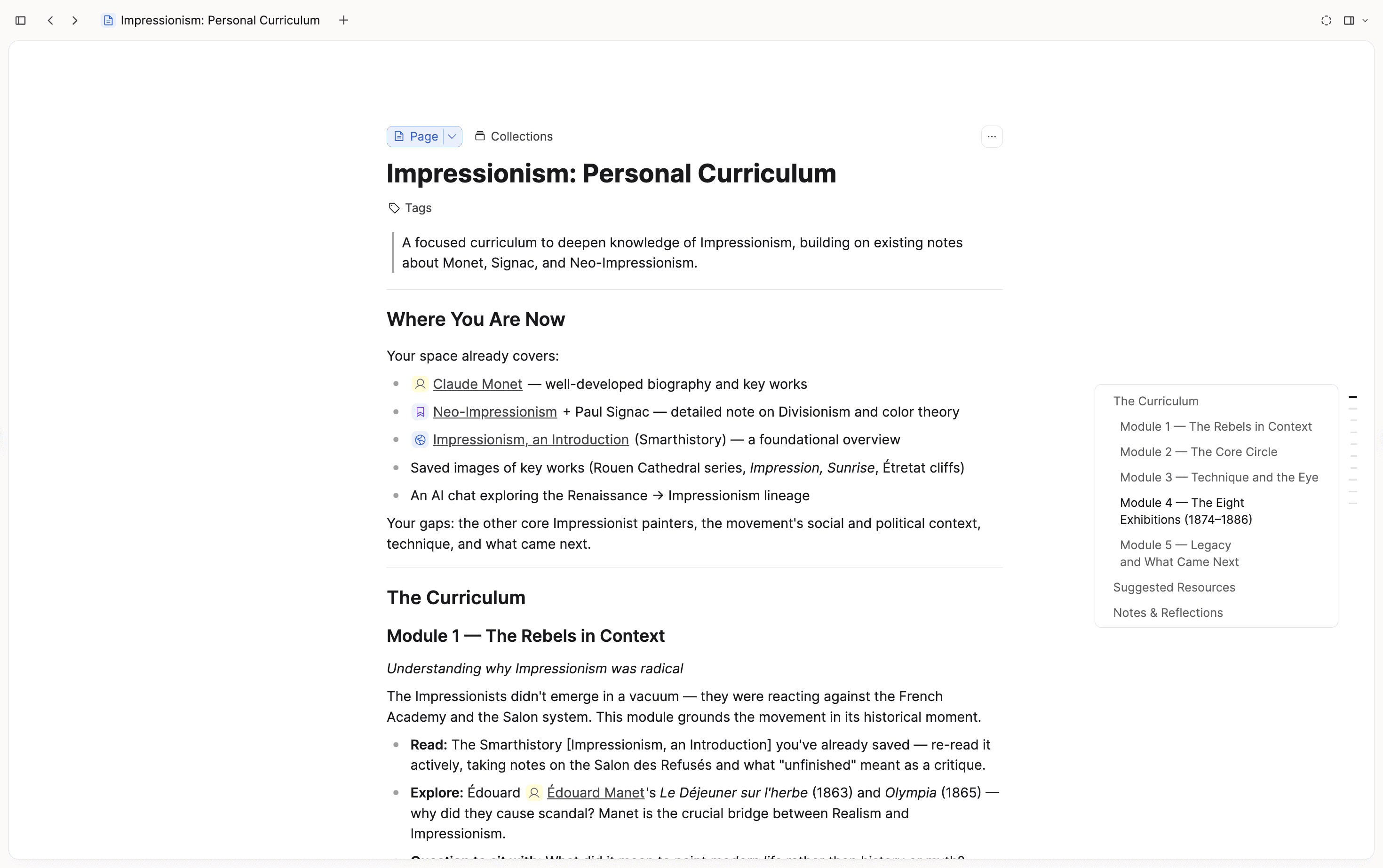 Impressionism curriculum page in Capacities