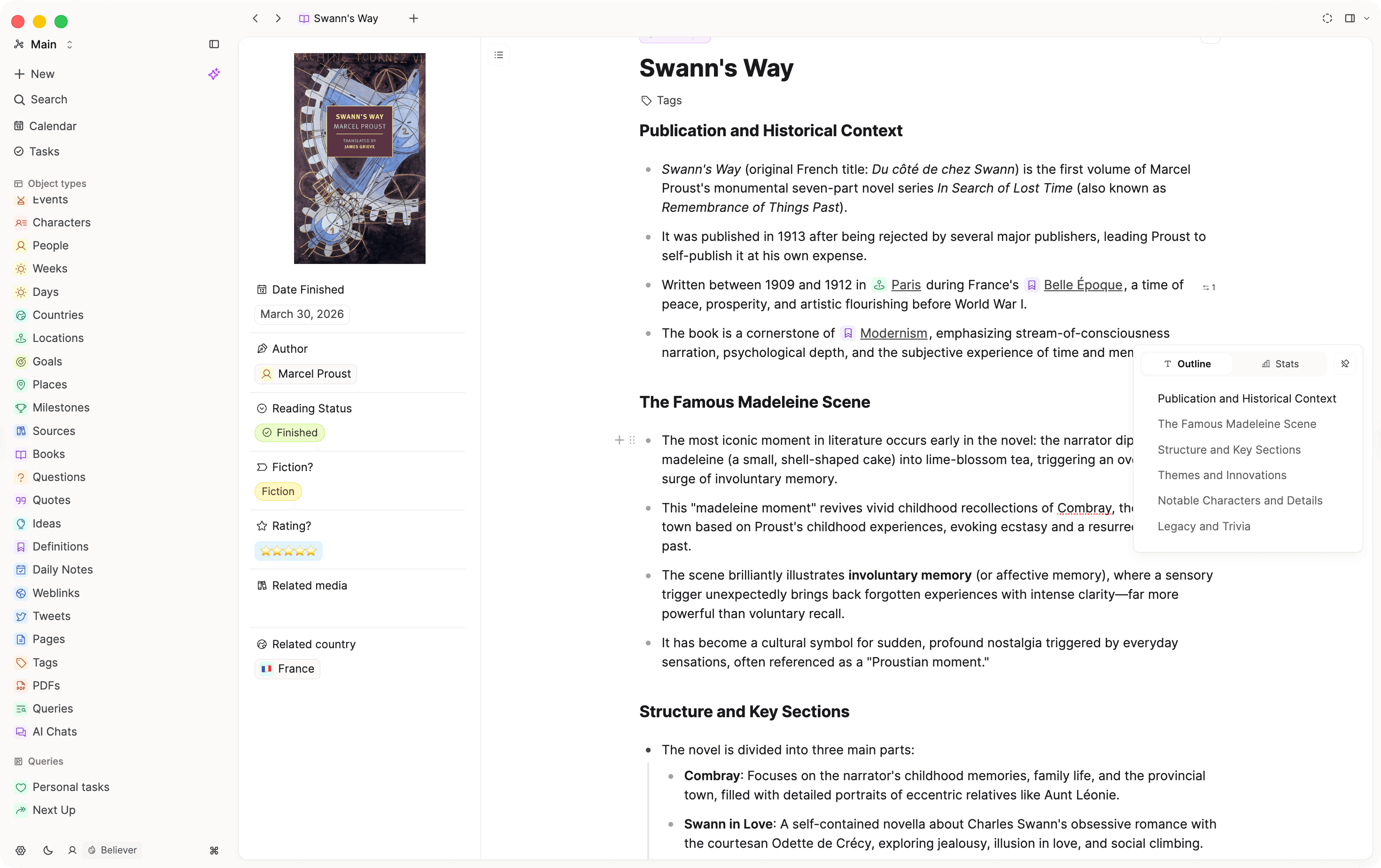Pinned table of contents and text stats