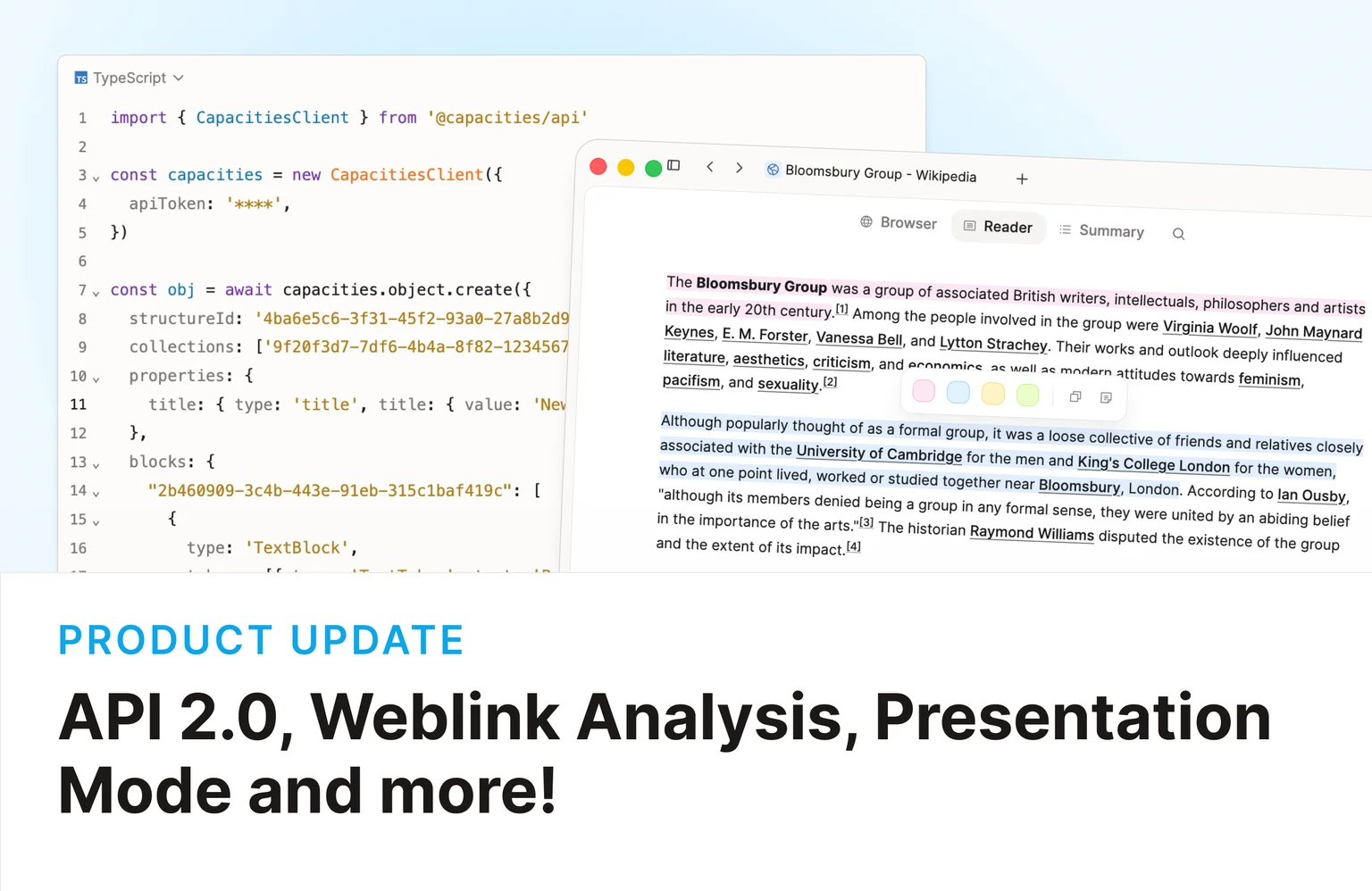 Capacities API 2.0, Weblink Analysis, and Presentation Mode