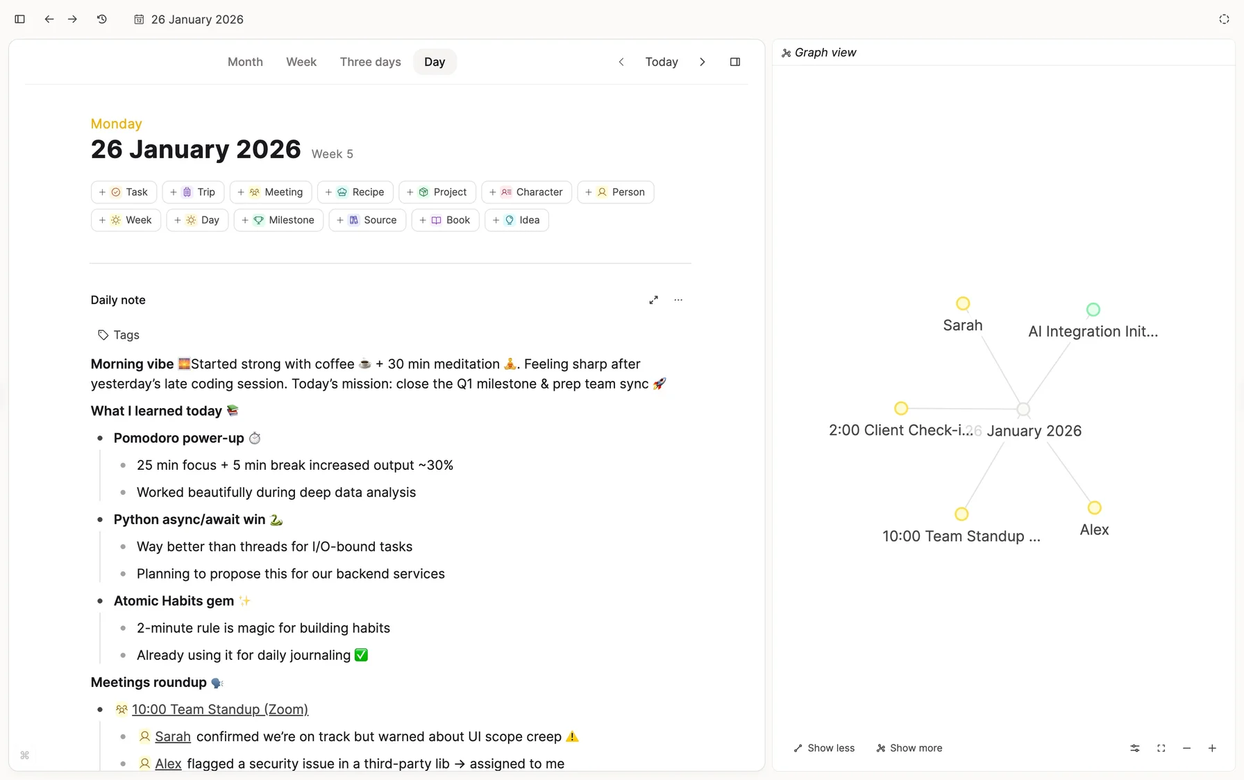 Daily note beside graph view, with people, meetings, and projects linked from the day’s capture