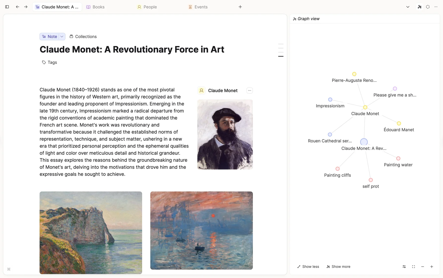 Daily note view with connected objects visible in the graph sidebar