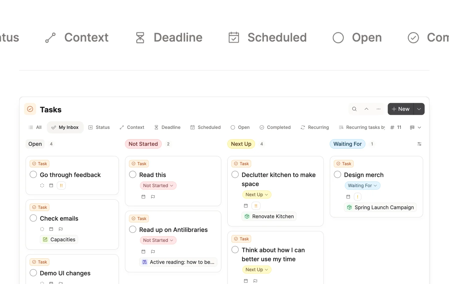 The Tasks dashboard with the Today view open, showing overdue, today, and in-progress tasks