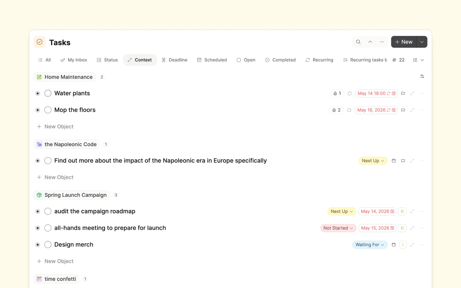 A task being captured inside a project note, showing up on the Today dashboard and the project's Tasks tab