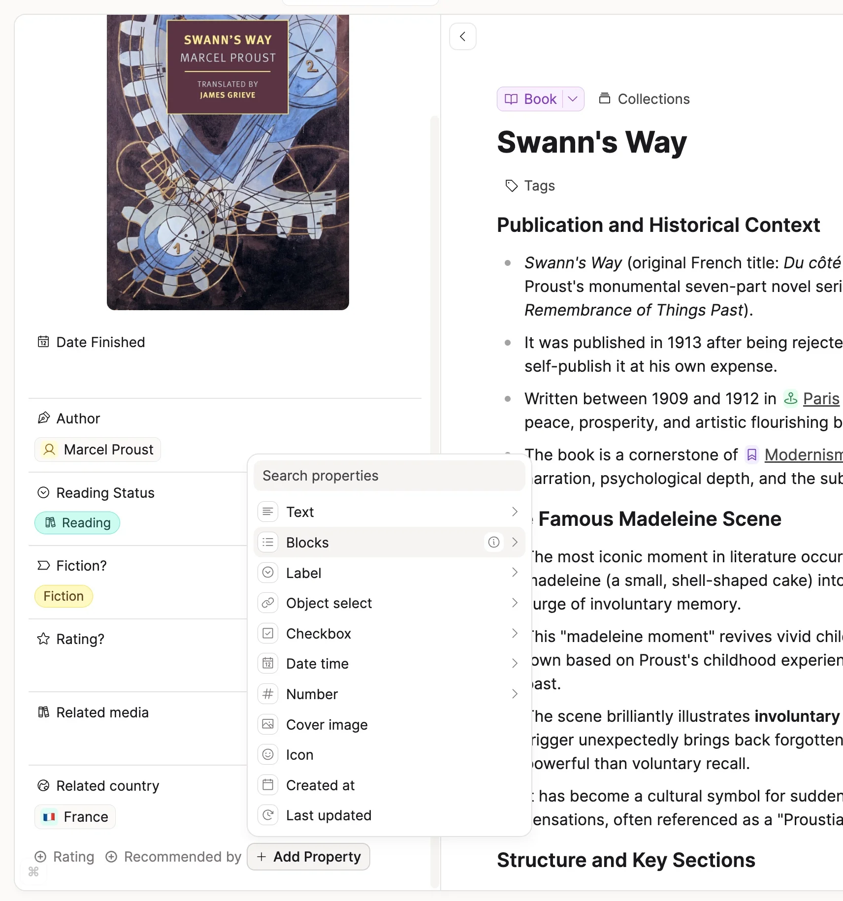 Book object type configuration panel with custom properties