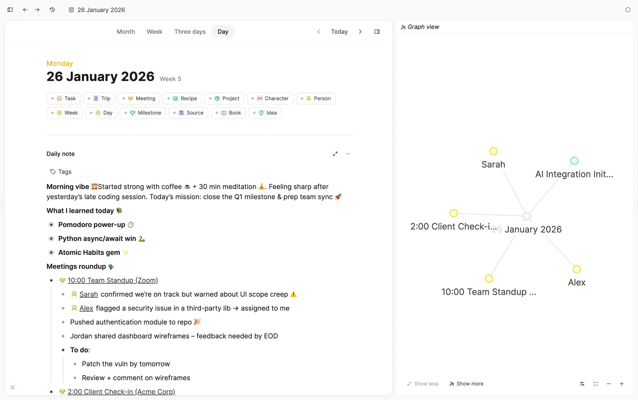 Daily note view with connected objects visible in the graph sidebar