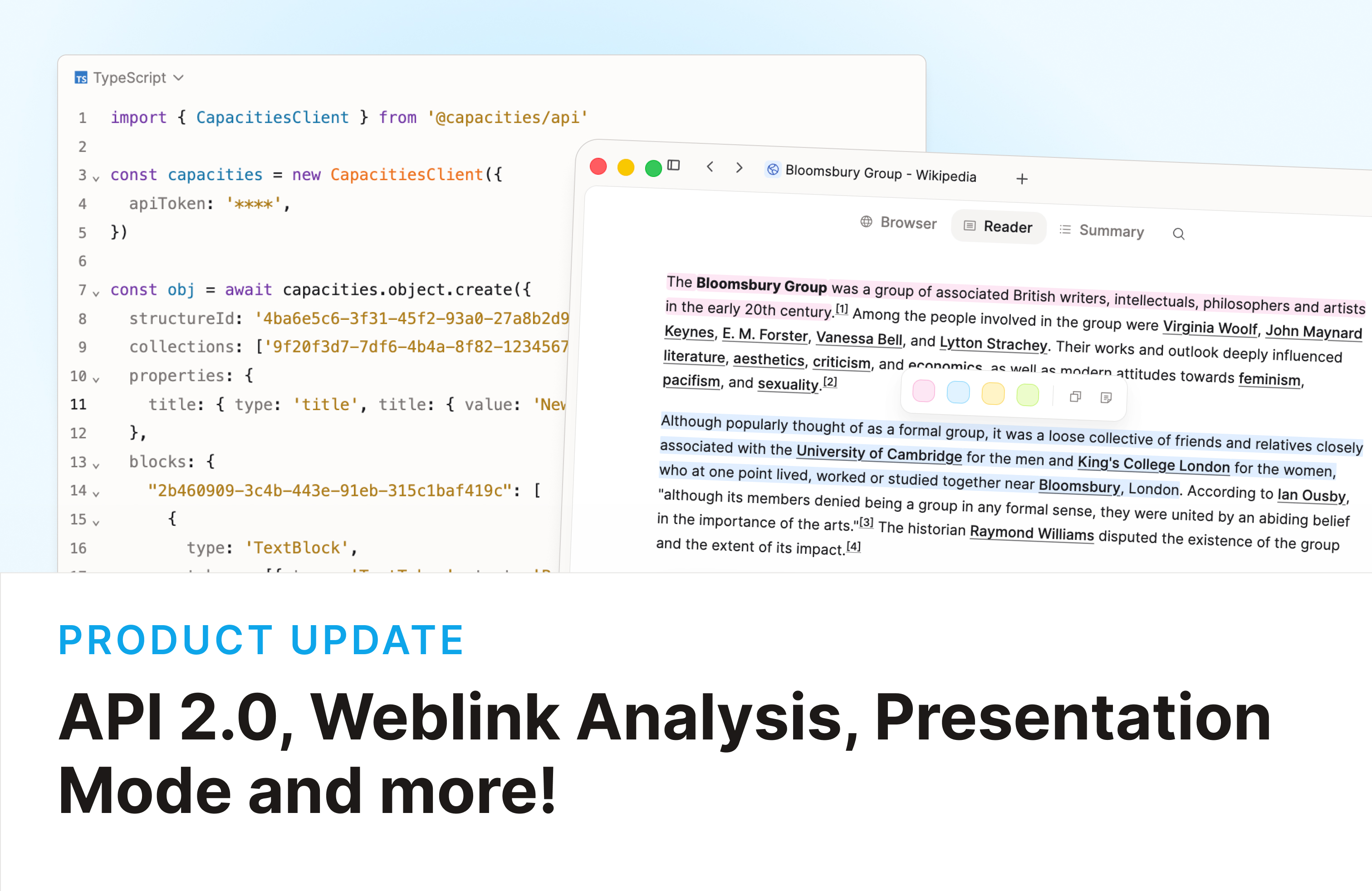 Capacities API 2.0, Weblink Analysis, and Presentation Mode